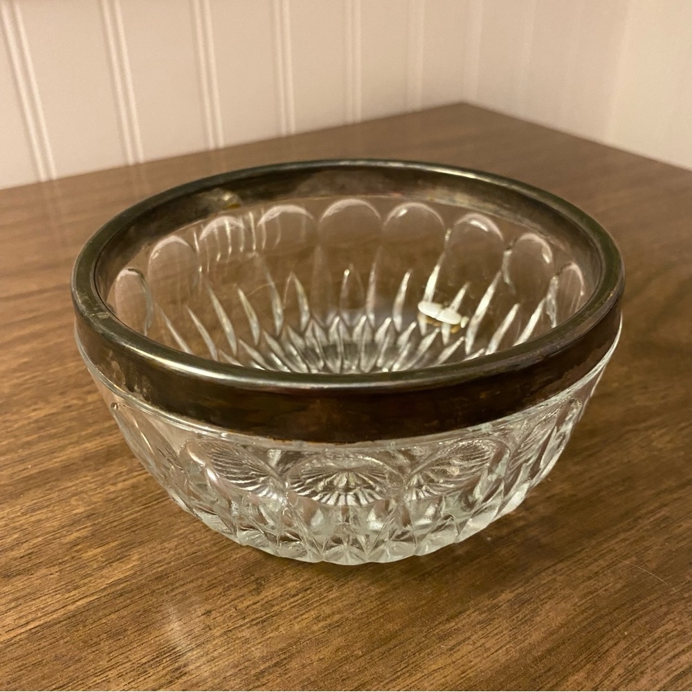 Vintage Leonard 5” Bowl Clear Italian Crystal with Silver Plated Rim - Italy